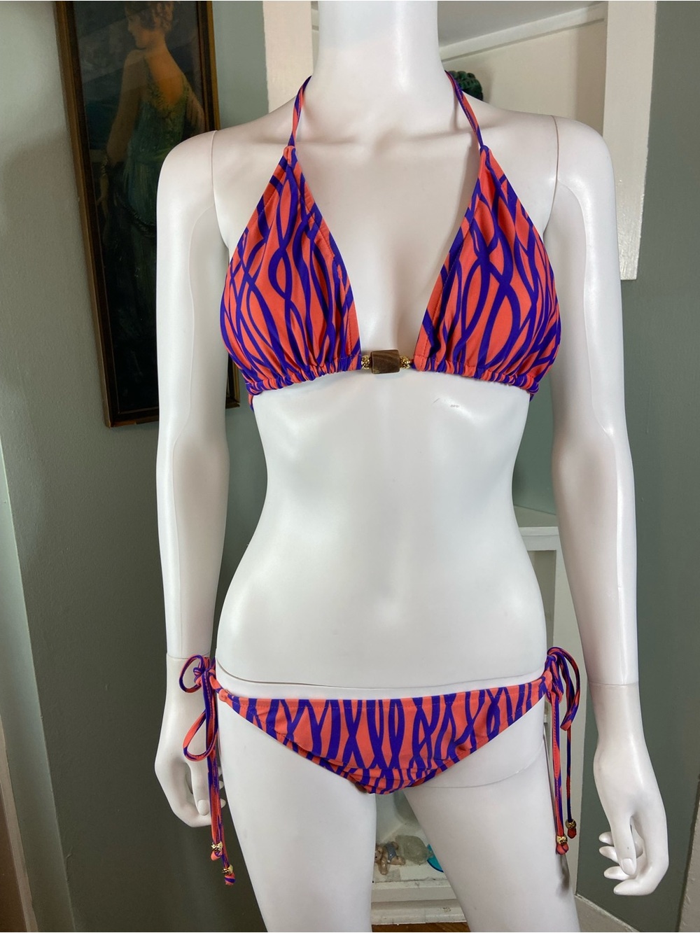 Milly Cabana Orange Purple Medium M Tie-Side Triangle Bikini Striped Abstract